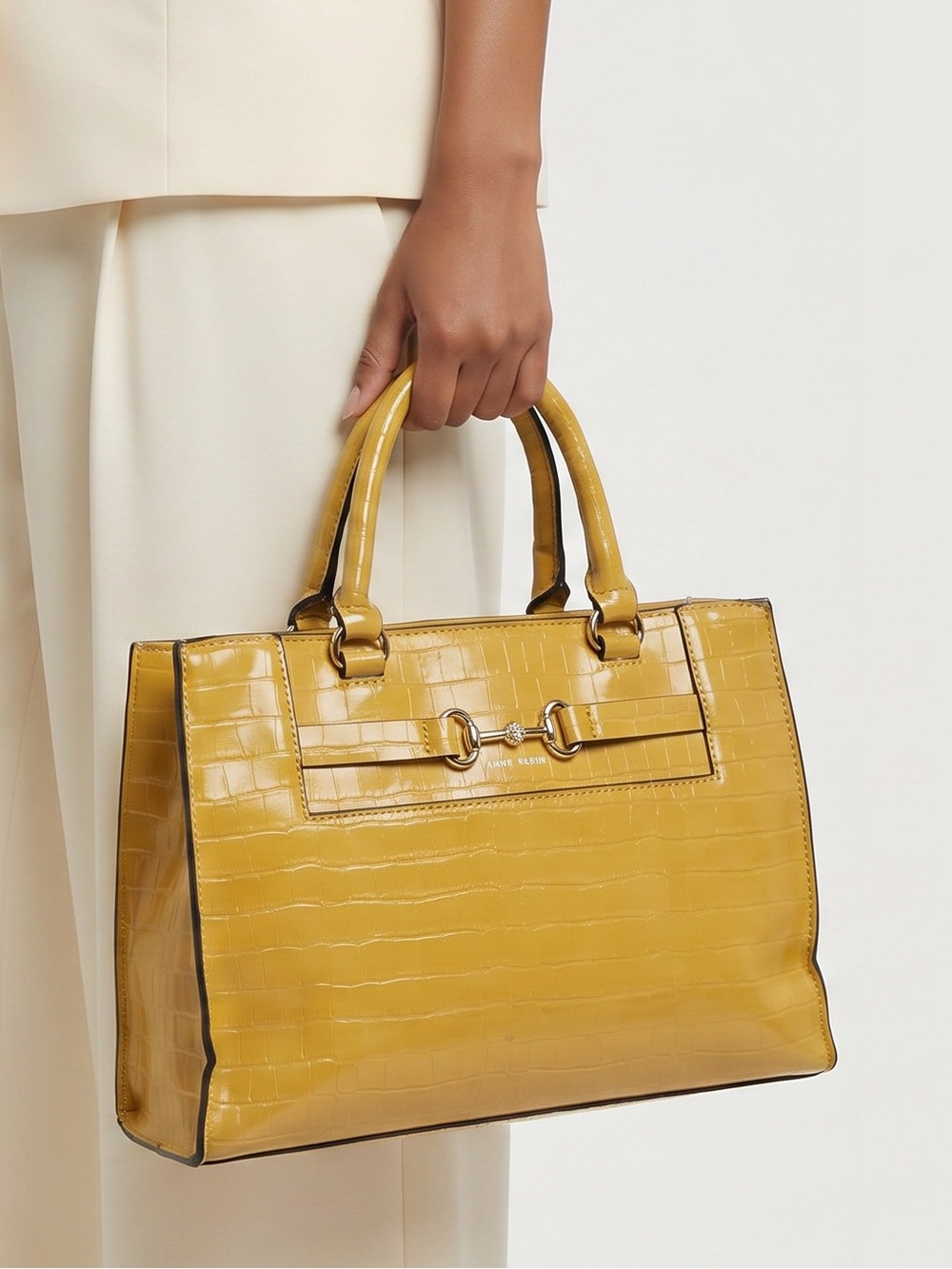 Anne Klein Mustard Croc Embossed Satchel Tote Handbag Large Structured Purse
